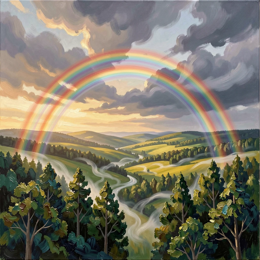 Beneath a sky shifting rapidly between light and shadow, a double rainbow arching over a green valley, above a dense forest canopy, mist curling low across the ground.
