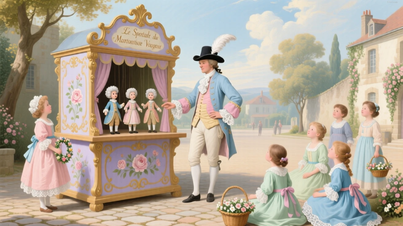 A traveling puppeteer entertaining children in a country square  