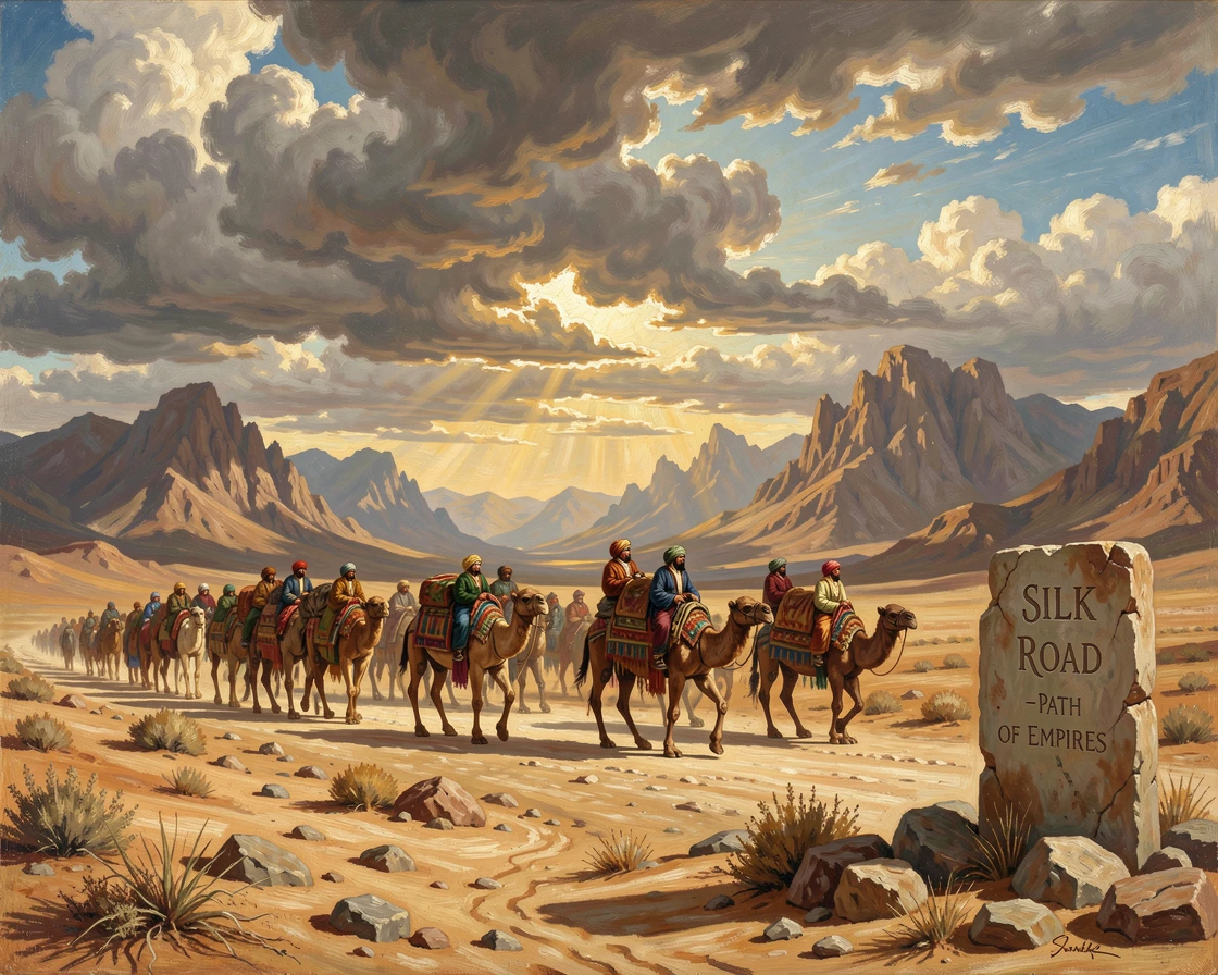 A caravan of traders crosses the desert along an ancient silk road.