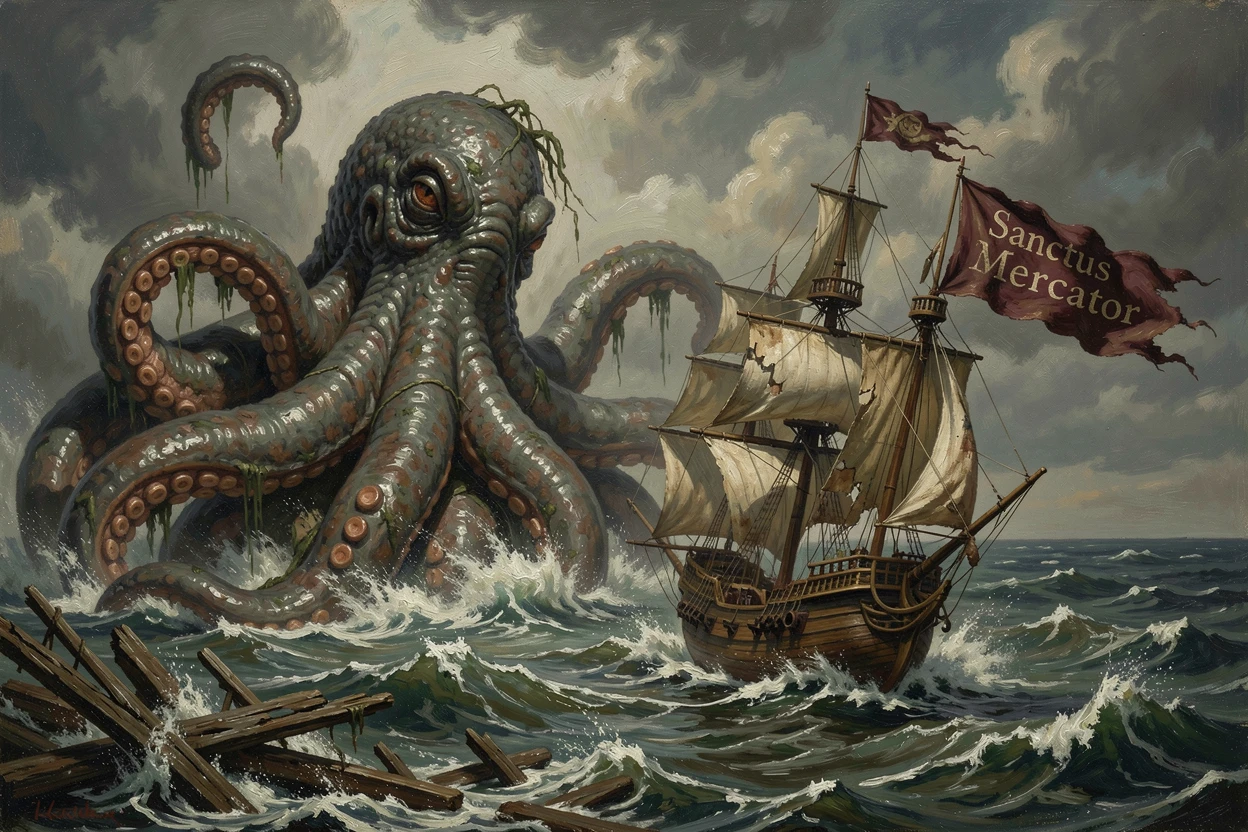 A mythical kraken rising from stormy seas beside a small wooden ship, with weathered, realistic detail grounding the fantastical elements, combining epic scale with rich, immersive atmospheric detail