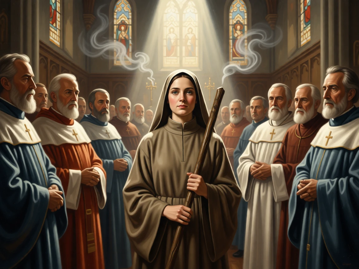 A young novice taking her first vows before a solemn assembly in an instant of grace touching the ordinary world, set within a sunlit chapel filled with drifting incense smoke, with modest robes, a well-worn staff, and a face lined with quiet devotion; vertical light from above draws the eye toward transcendence, filled with serenity and the quiet dignity of devotion.