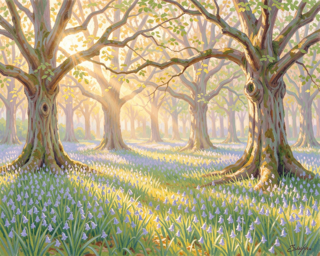 A quiet forest clearing with a carpet of bluebells stretching between ancient oak trees in dappled spring light, as the first light of dawn breaks.