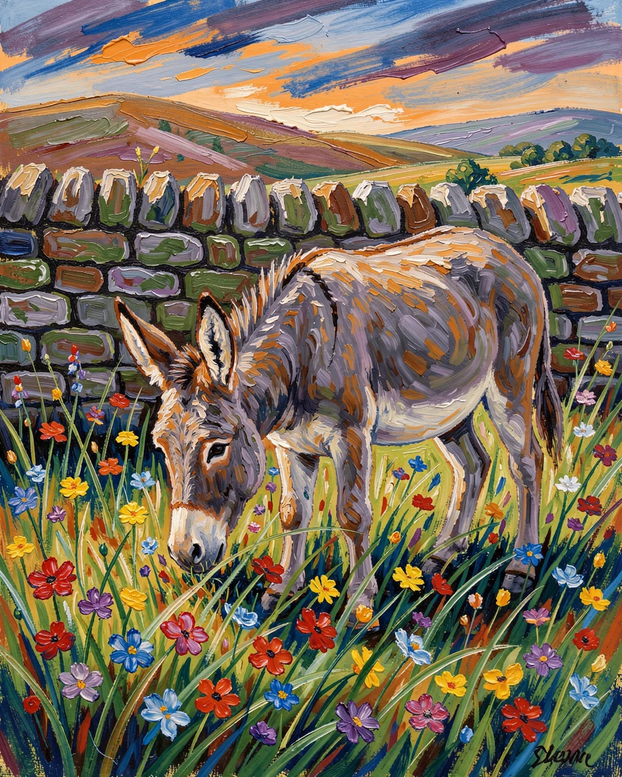 A gentle donkey grazing in a wildflower meadow beside an old stone wall.