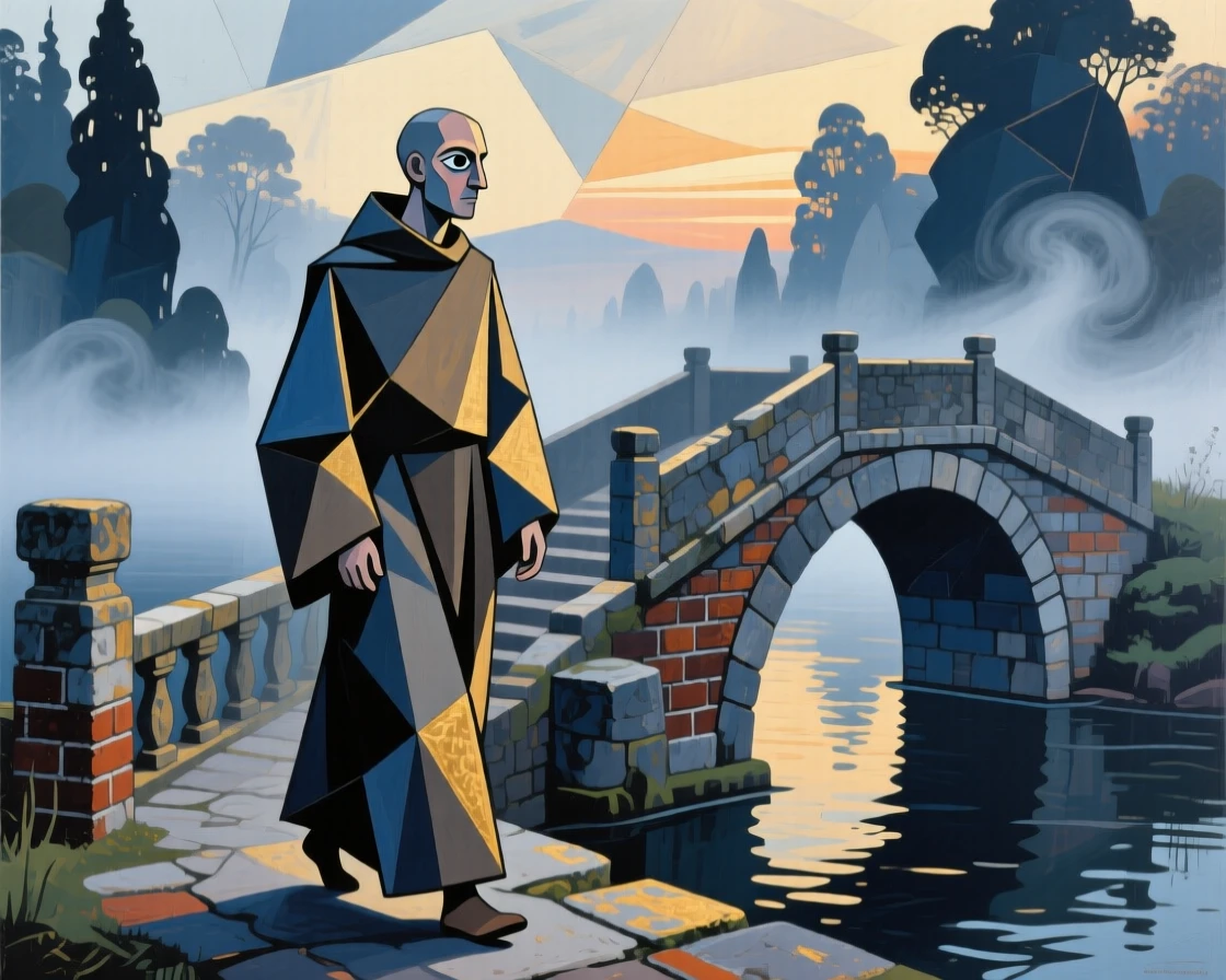 A lone monk walking silently across a misty stone bridge at dawn.