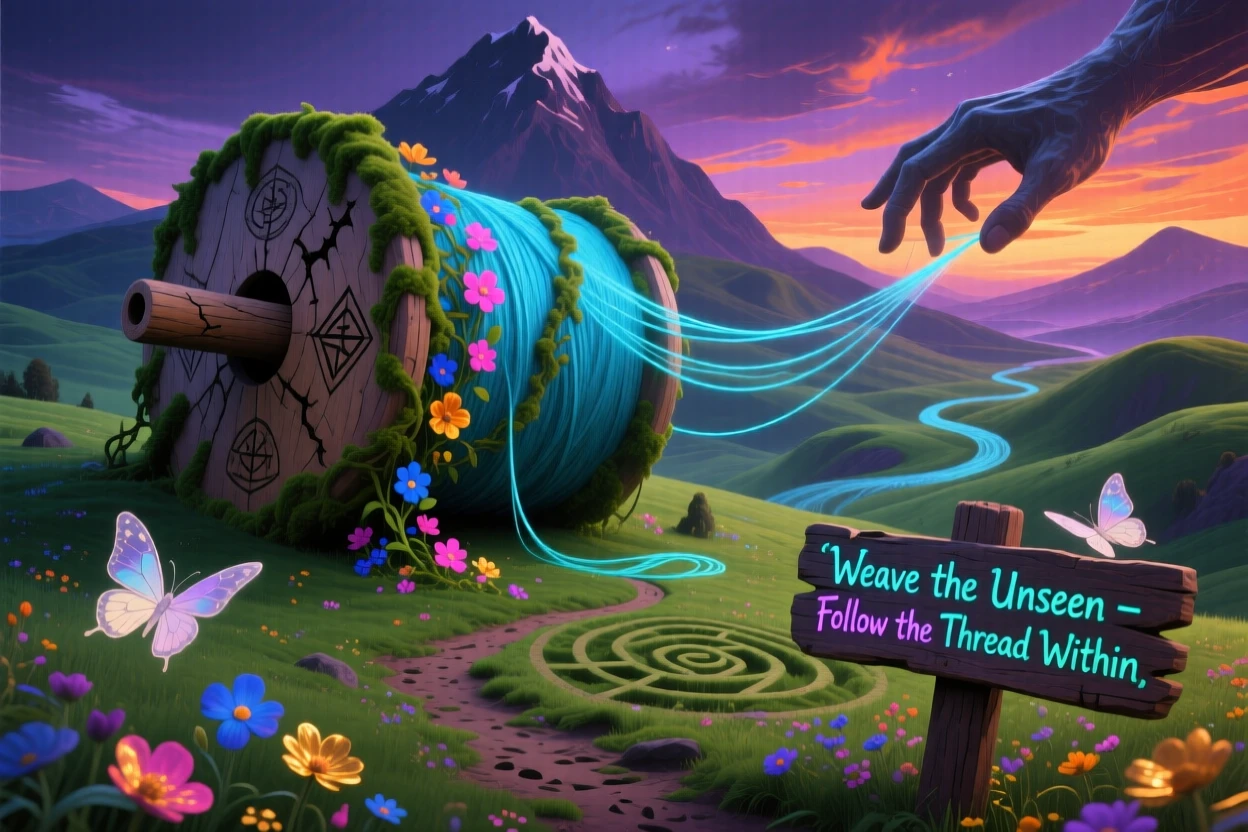 A massive spool of thread unraveling across rolling green hills has become overgrown with moss, vines, and wildflowers, while tiny paths have been worn into the ground around it.