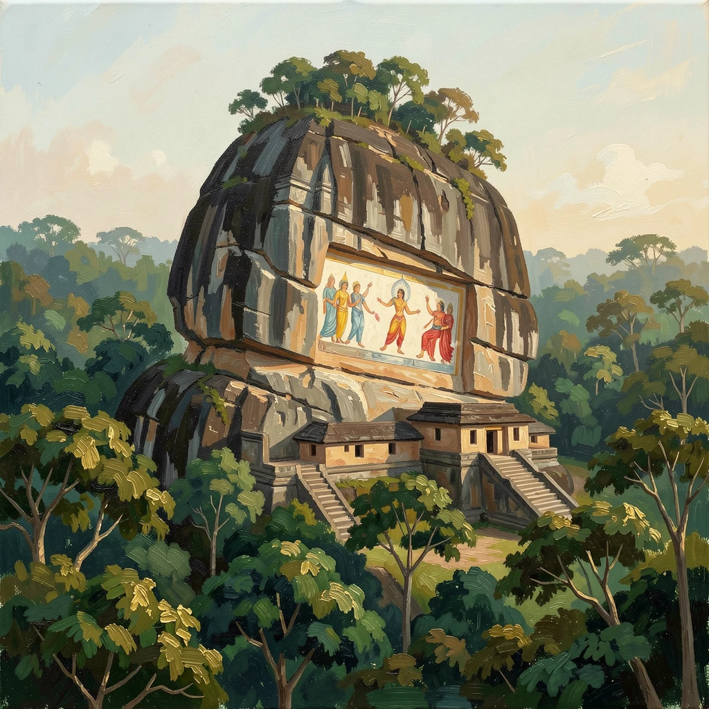 Sigiriya's ancient rock fortress rises dramatically from the Sri Lankan jungle, frescoes visible along its sheer painted rock face, small architectural details rewarding a closer look at the surrounding structures.