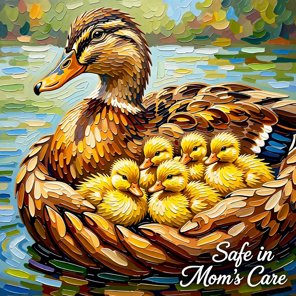 A heartwarming photo of a duckling family nestled safely between its mother's paws