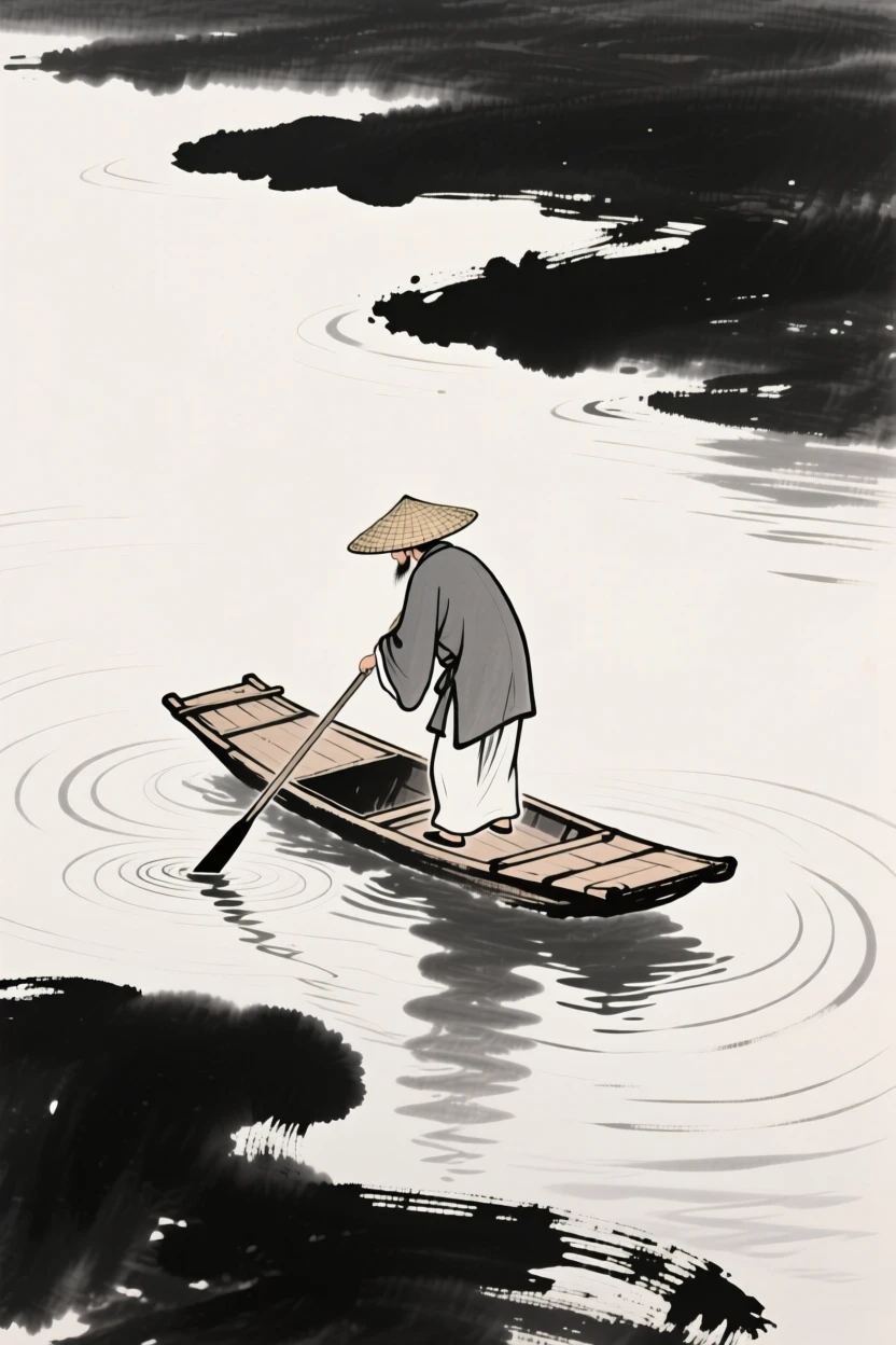 A fisherman poles his raft slowly along a calm river, as ripples spread slowly outward from the boat.
