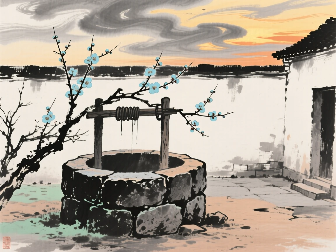 An old stone well standing quietly in an abandoned courtyard, as the last plum blossoms cling to bare branches, under a sky streaked with clouds, in the last golden light of day.