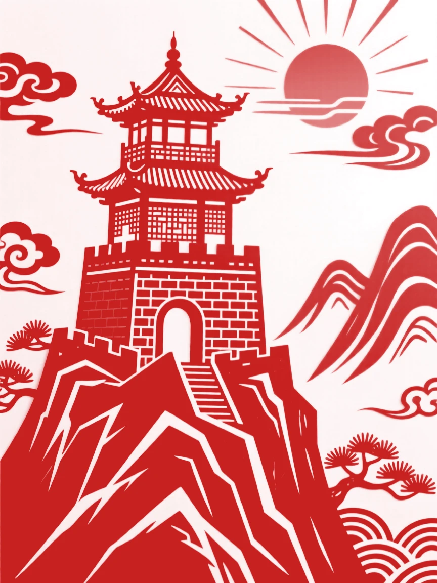 An ancient watchtower along a mountain ridge, its silhouette stark against a sunset sky