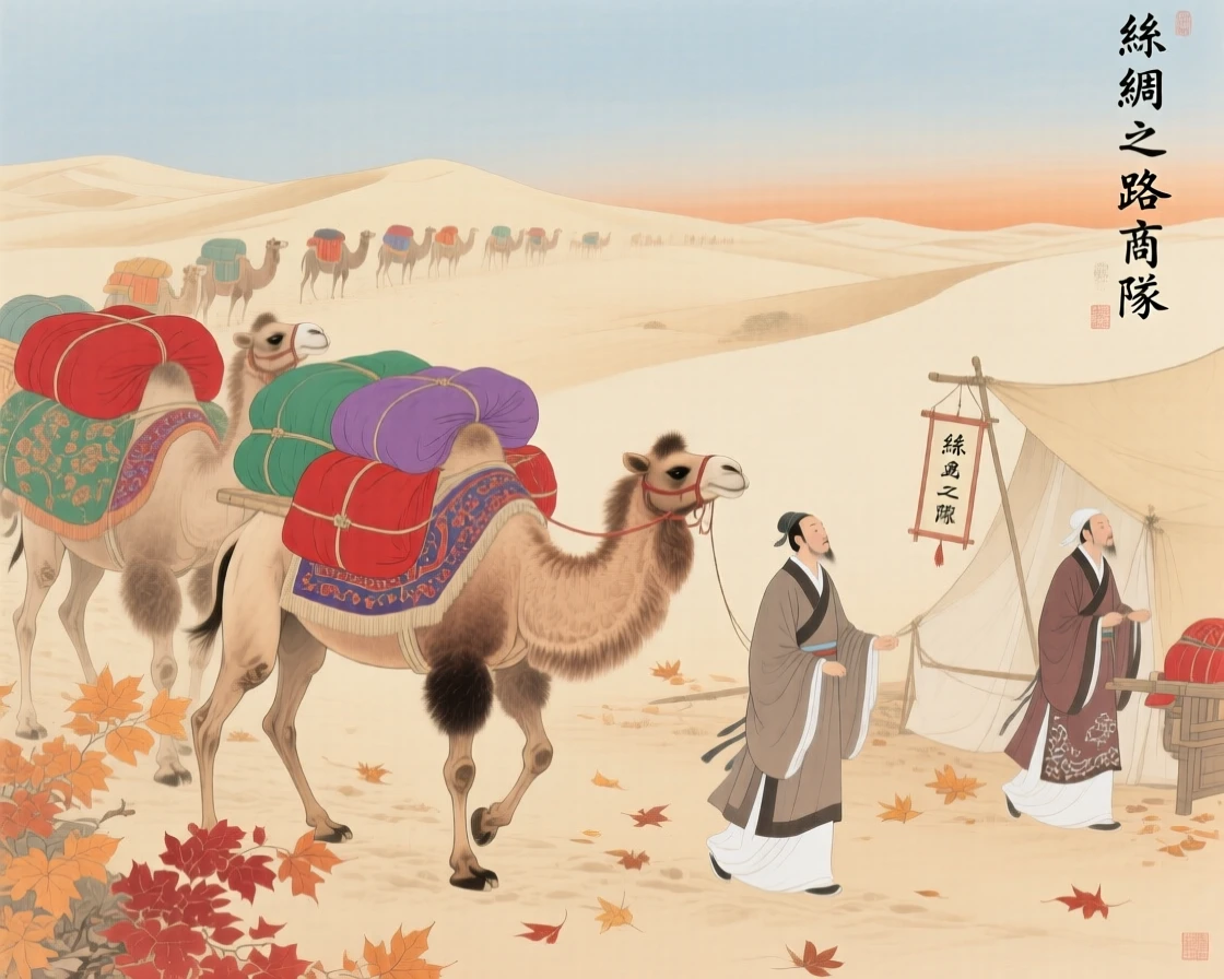 A caravan of traders crossing a desert with camels loaded with silk, surrounded by falling autumn leaves