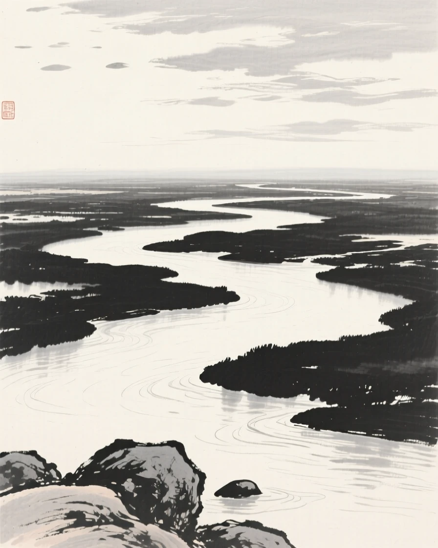 A wide river delta branching into countless quiet channels under a wide open sky scattered with drifting clouds, framed low, with the foreground rocks leading the eye toward the distance, conveying calm reflection and gentle isolation.