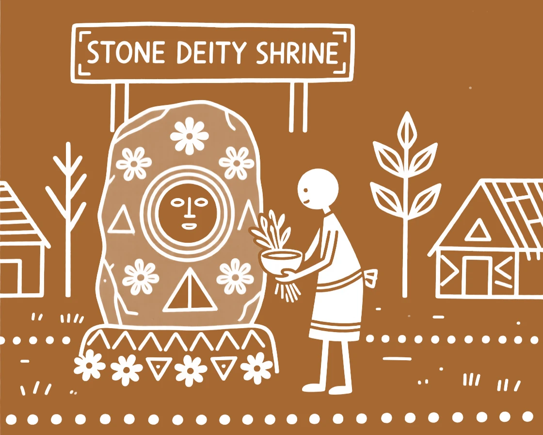 A village healer before a stone deity adorned with flowers.