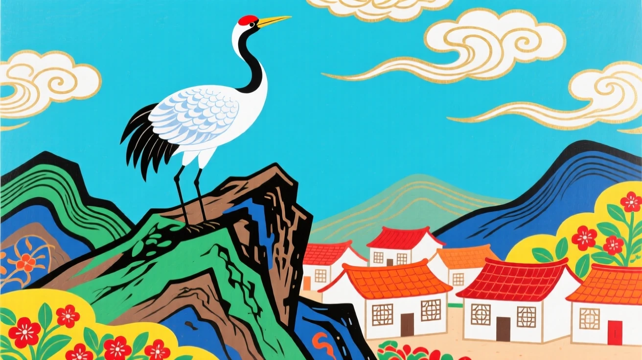 A snow-white crane, watching over a village from a mountain peak.