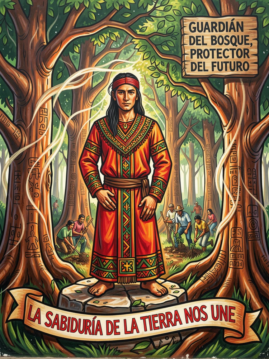 A wise forest guardian standing among ancient trees