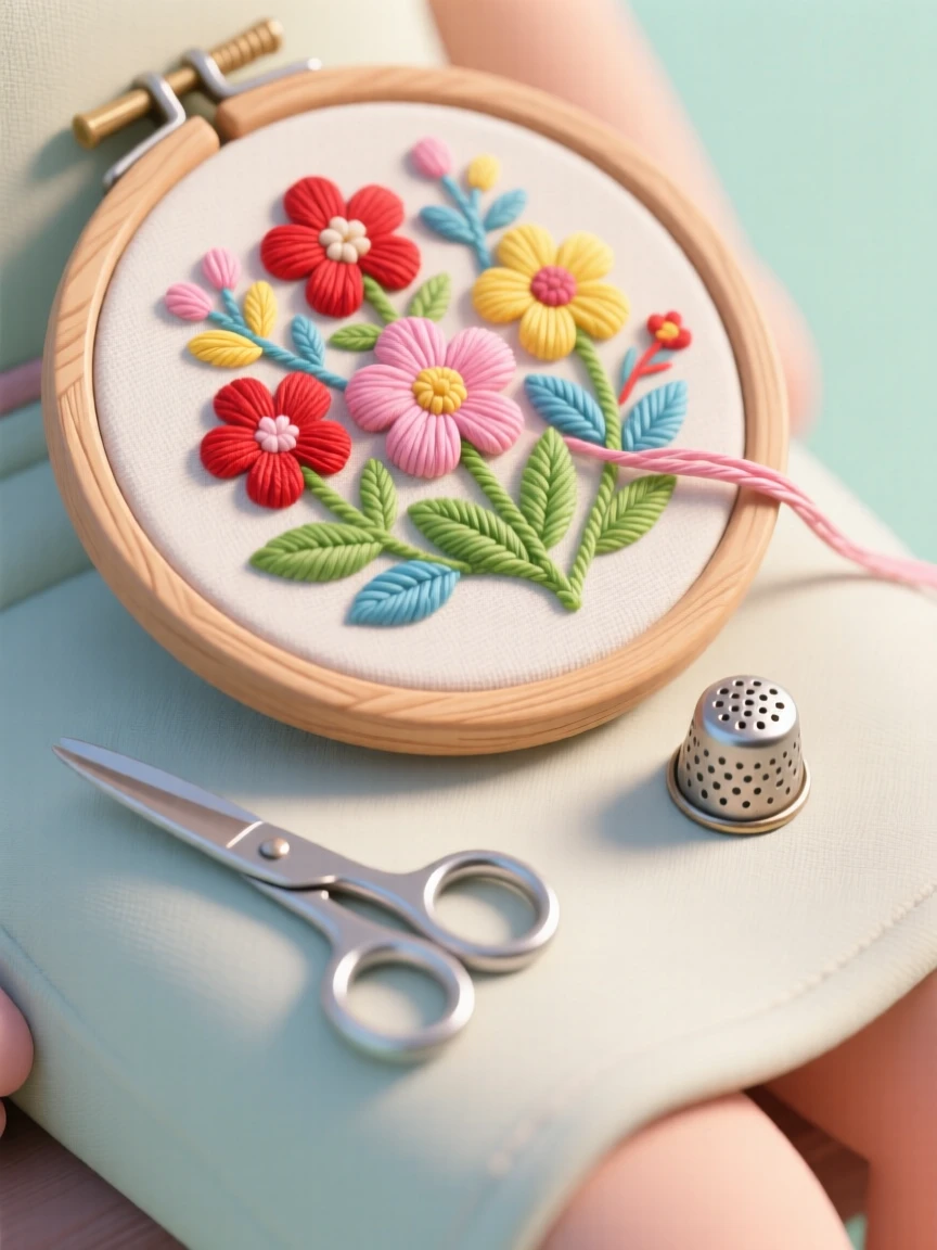 An embroidery hoop resting on a lap, colorful thread weaving a floral pattern, scissors and a thimble nearby.