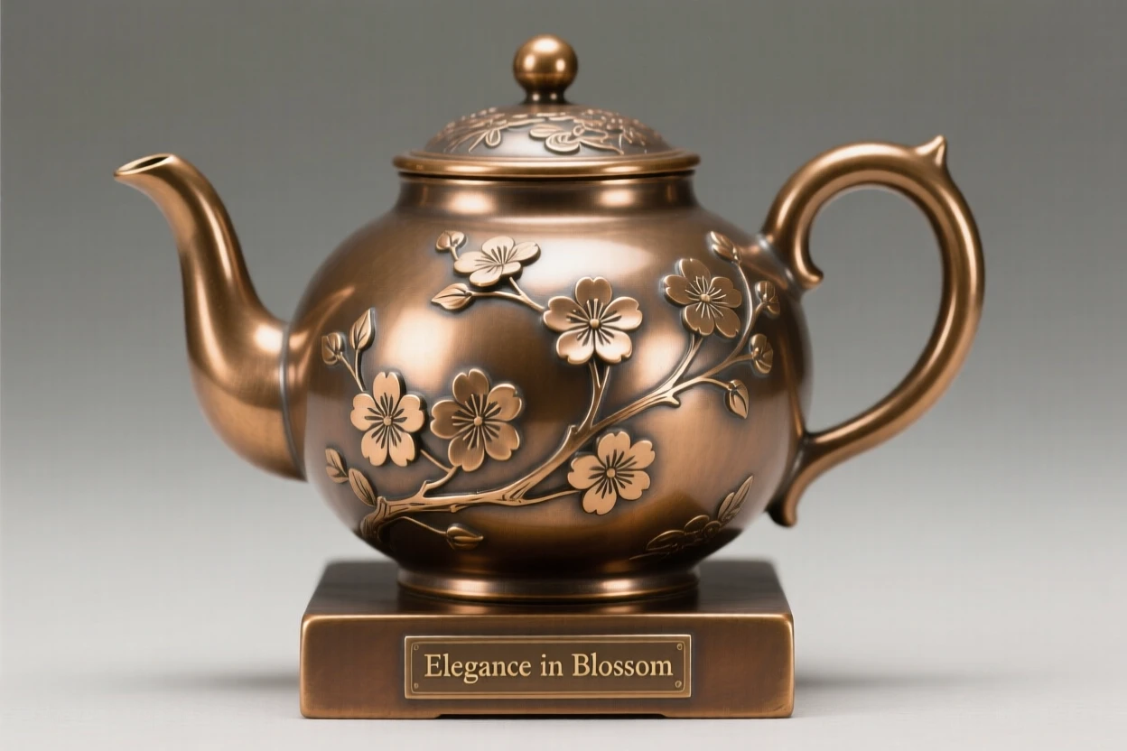 A delicate porcelain teapot painted with cherry blossoms, with delicate texture and fine ornamentation, radiating elegance and refinement