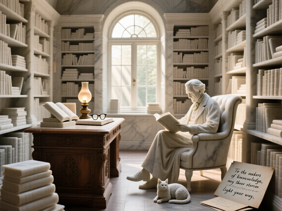 A beautifully composed image of an old bookstore filled with warm afternoon light, surrounded by soft, glowing light, full of atmosphere and visual storytelling