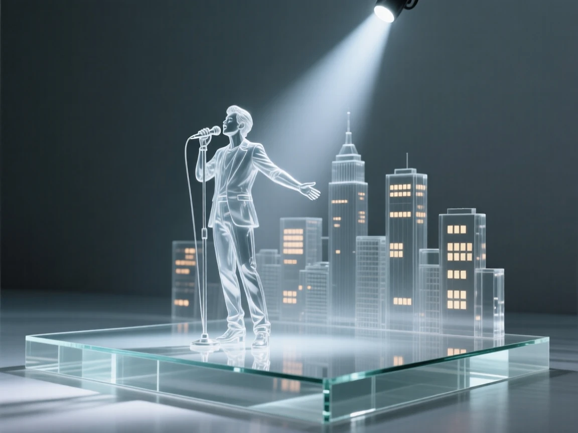 A singer performing beneath a spotlight on an open-air stage, overlooking a city skyline glowing with evening lights