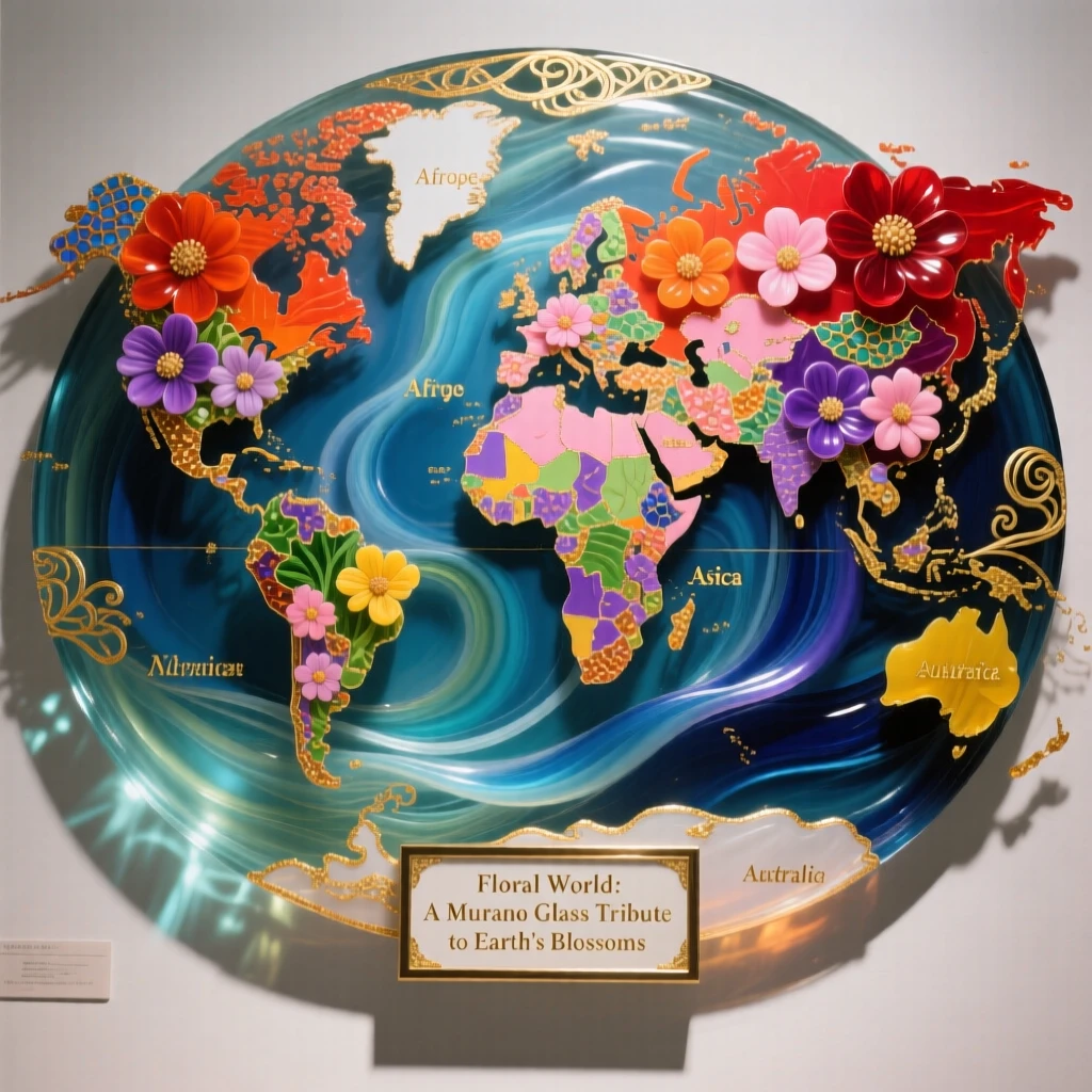 A world map made entirely of blooming flowers in every region, vibrant and imaginative.