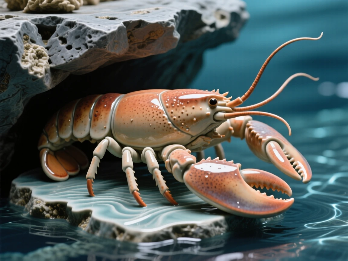 A lobster resting beneath a rocky ledge caught in a burst of playful motion, with light rippling across its skin, evoking the vast serenity of the ocean.