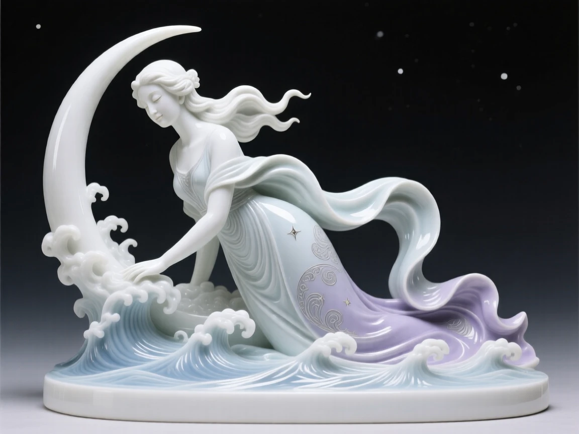 A mythological moment: the goddess of the moon emerging gracefully from sea foam, rendered with timeless, classical grace.