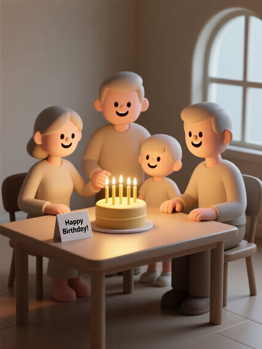 A joyful family gathers around a table lit by birthday candles, singing together in warm golden light.