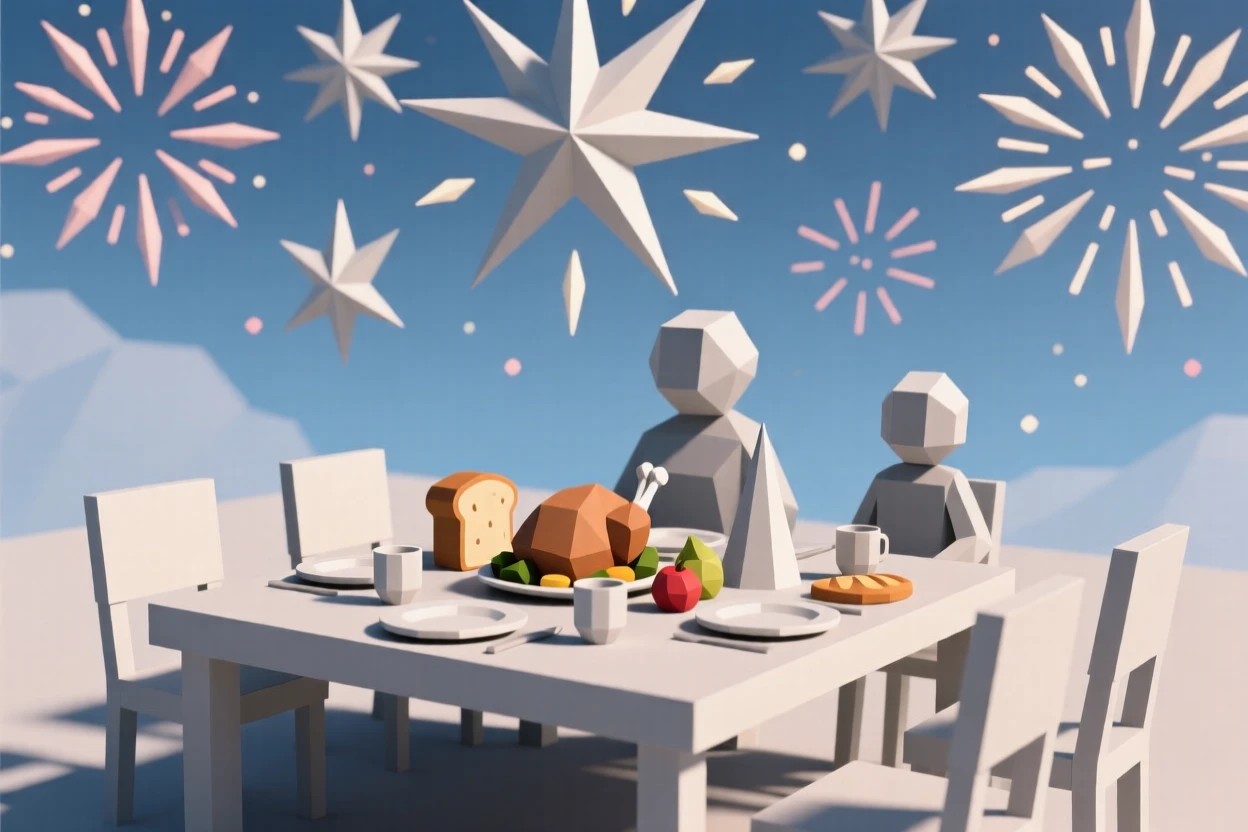 A festive table set for a family holiday feast, beneath a sky full of fireworks. rich seasonal colors bring the scene to life. A gentle sense of togetherness fills the scene.