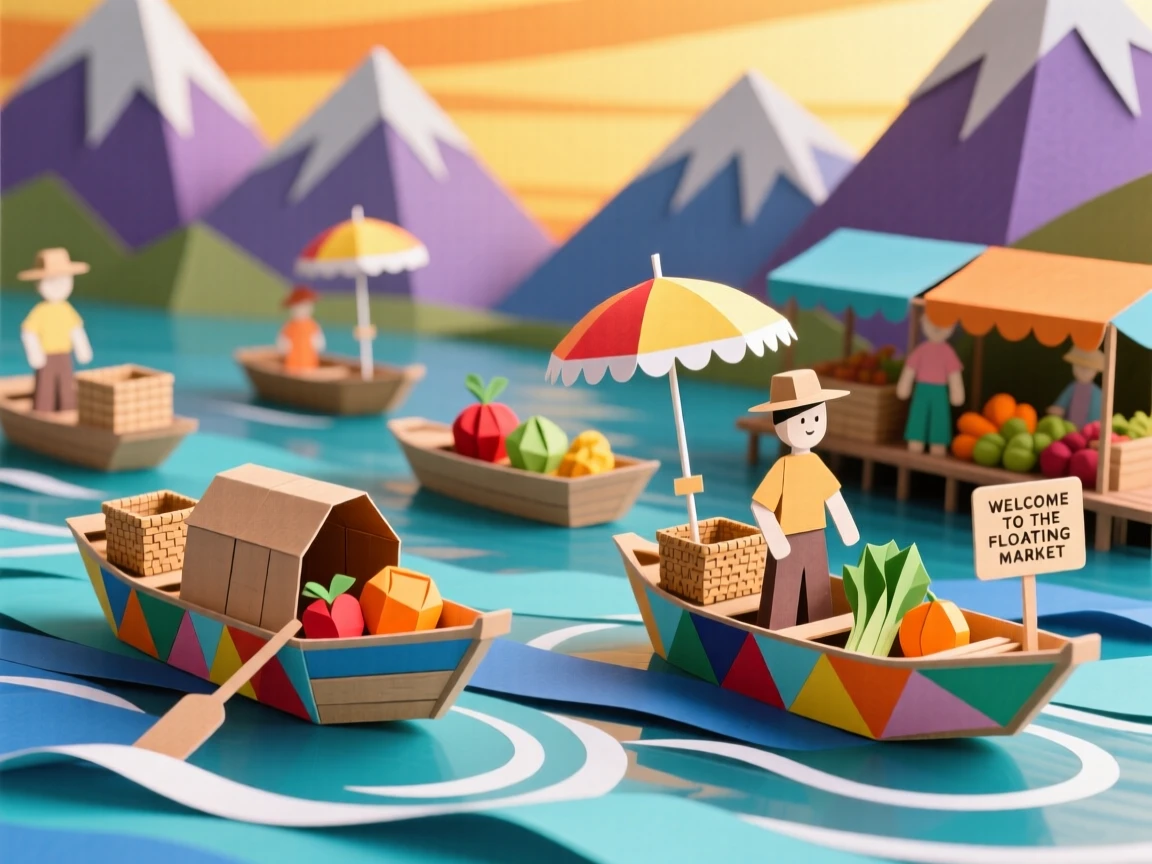 A colorful floating market bathed in the golden light of late afternoon, with mountains rising dramatically in the background, capturing the romance of travel.