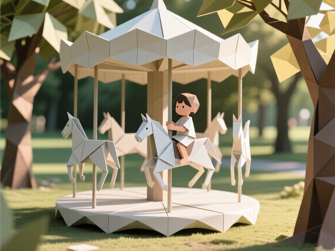 A child riding a merry-go-round at a park, sunlight streaking through the trees.
