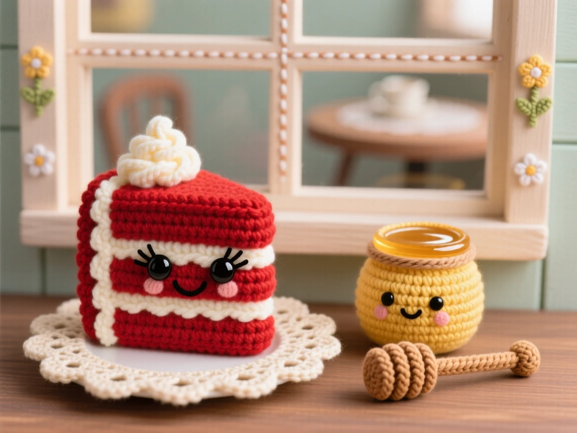 A delightful still-life of a happy slice of red velvet cake with a swirl of cream cheese frosting, served on a delicate lace-trimmed plate within a cheerful cafe window display; a small jar of honey with a wooden dipper nearby, full of a cozy sense of shared treats.