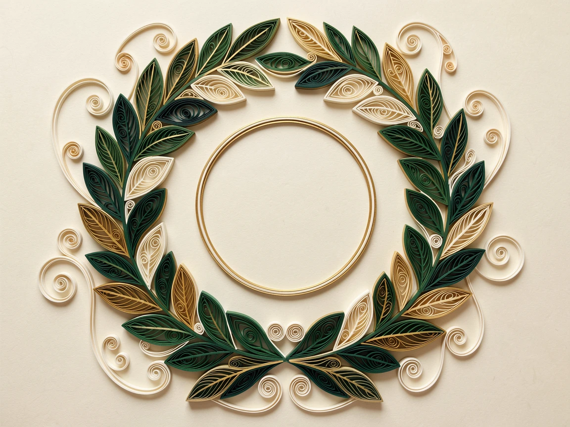 An elegant design featuring a formal wreath of laurel leaves encircling a monogram space, built up in graduated layers of increasing size, with fine hair-thin linework throughout, set on a warm ivory background.