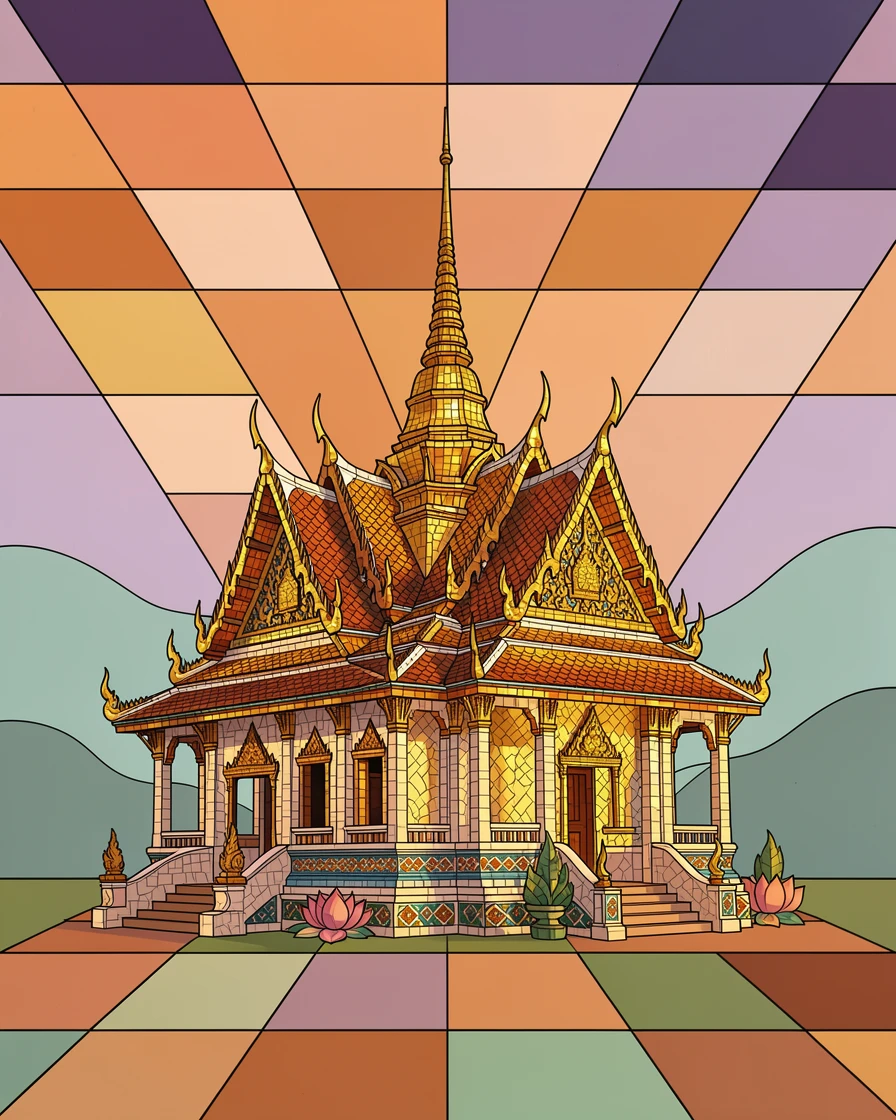 A traditional Thai temple with golden spires at sunset.