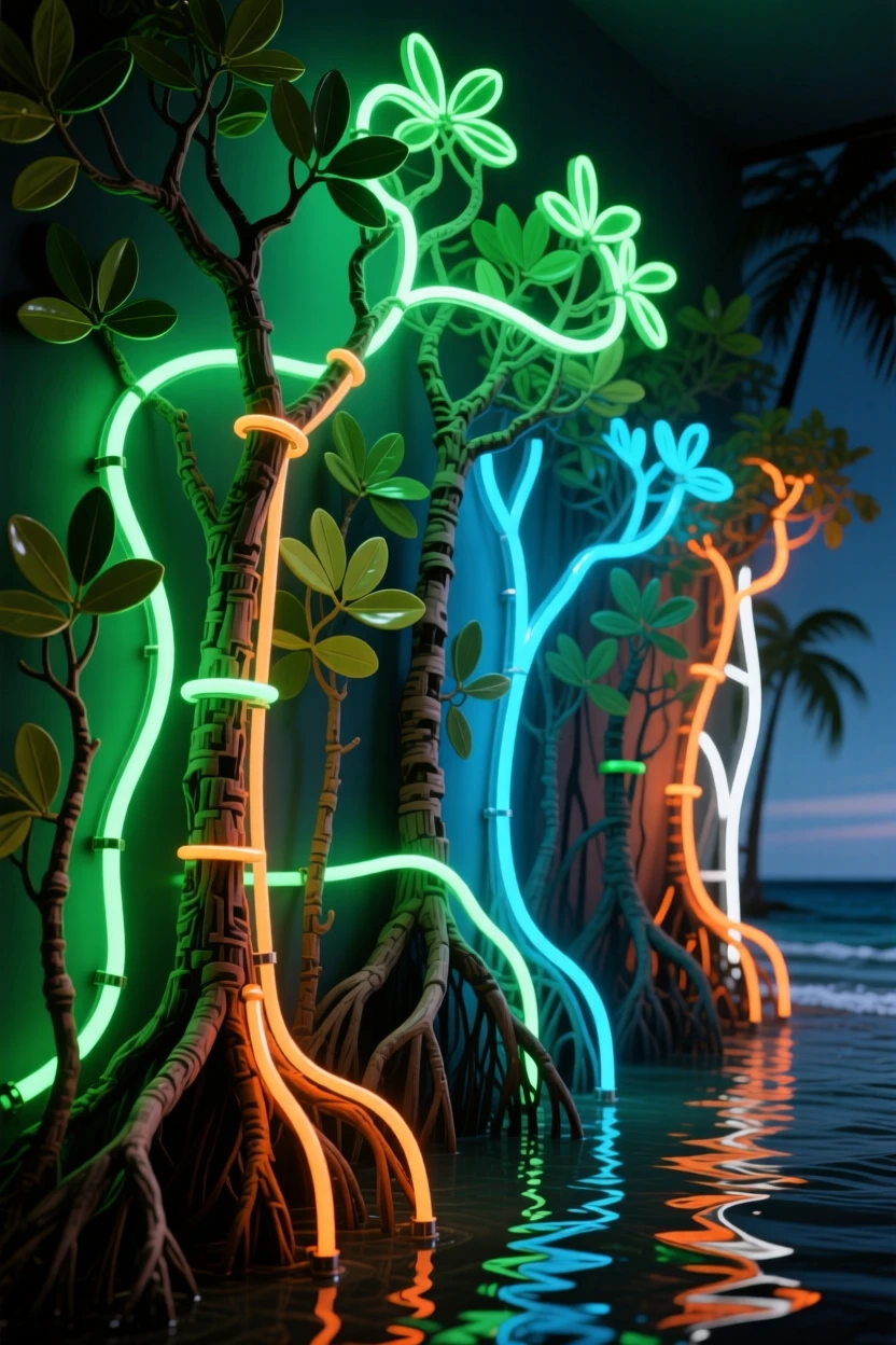 An intimate close-up study of a dense mangrove forest along a tropical coastline.