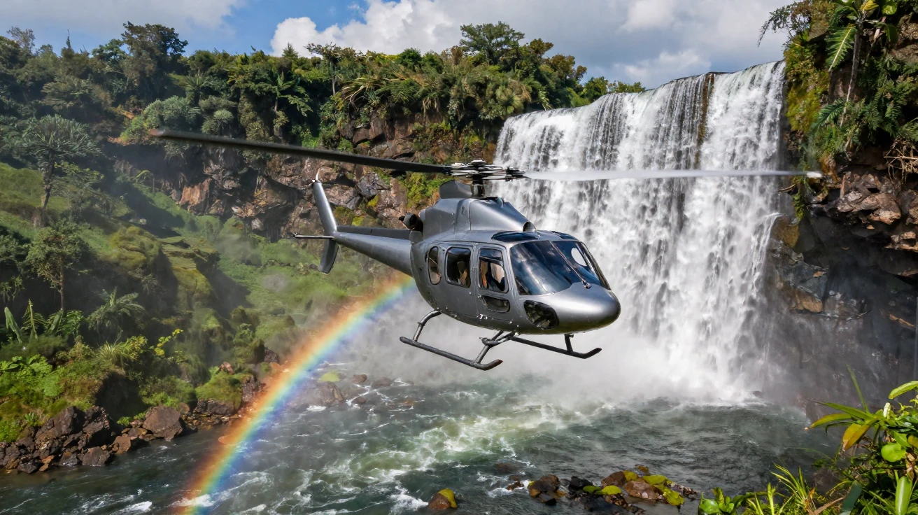 A helicopter tour flying past a dramatic waterfall