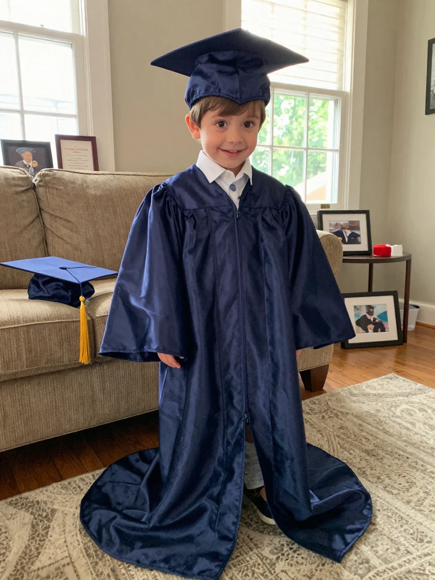 A child tries on their older sibling's graduation gown, swimming in the fabric.