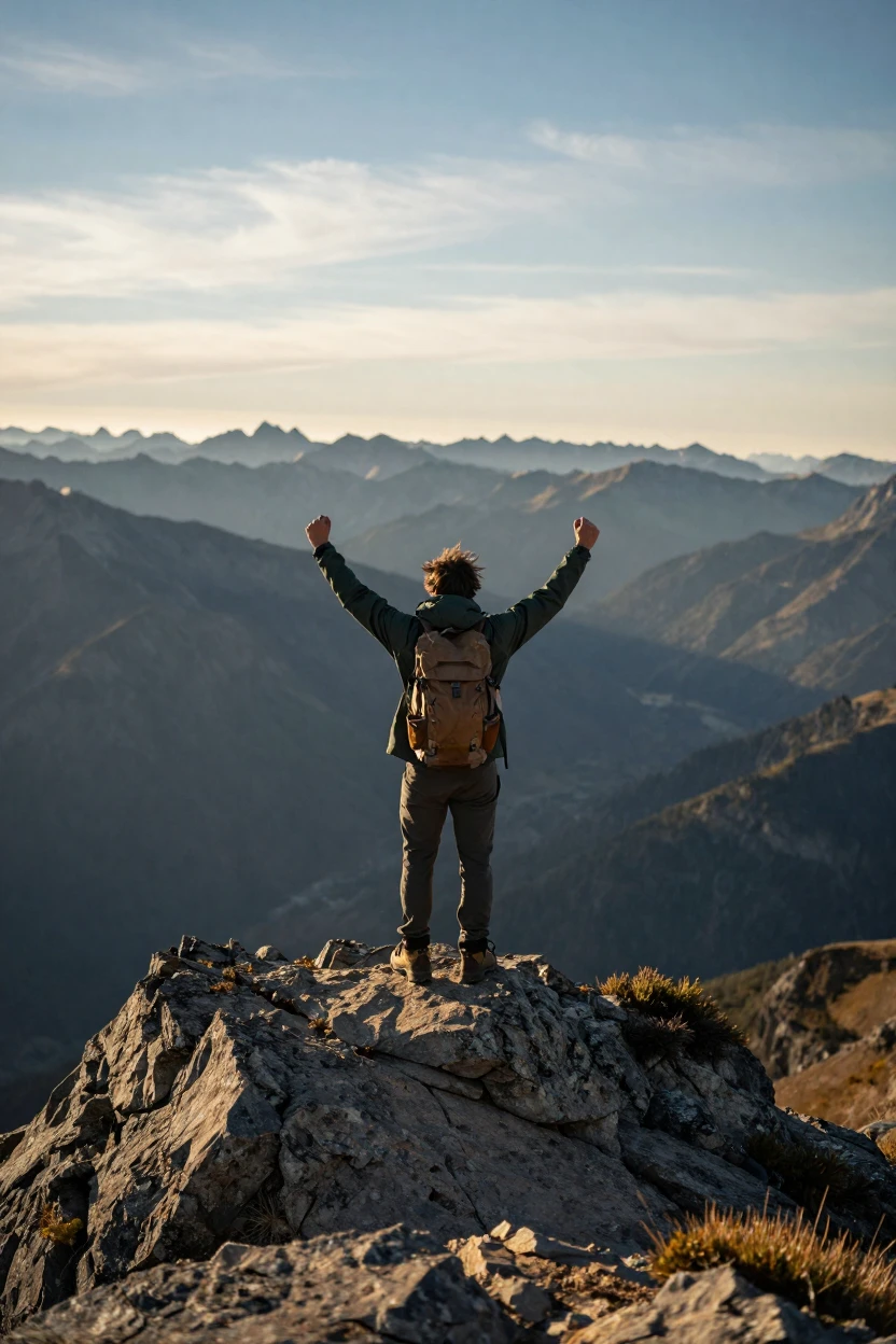 A hiker standing triumphantly atop a windswept peak overlooking endless mountains