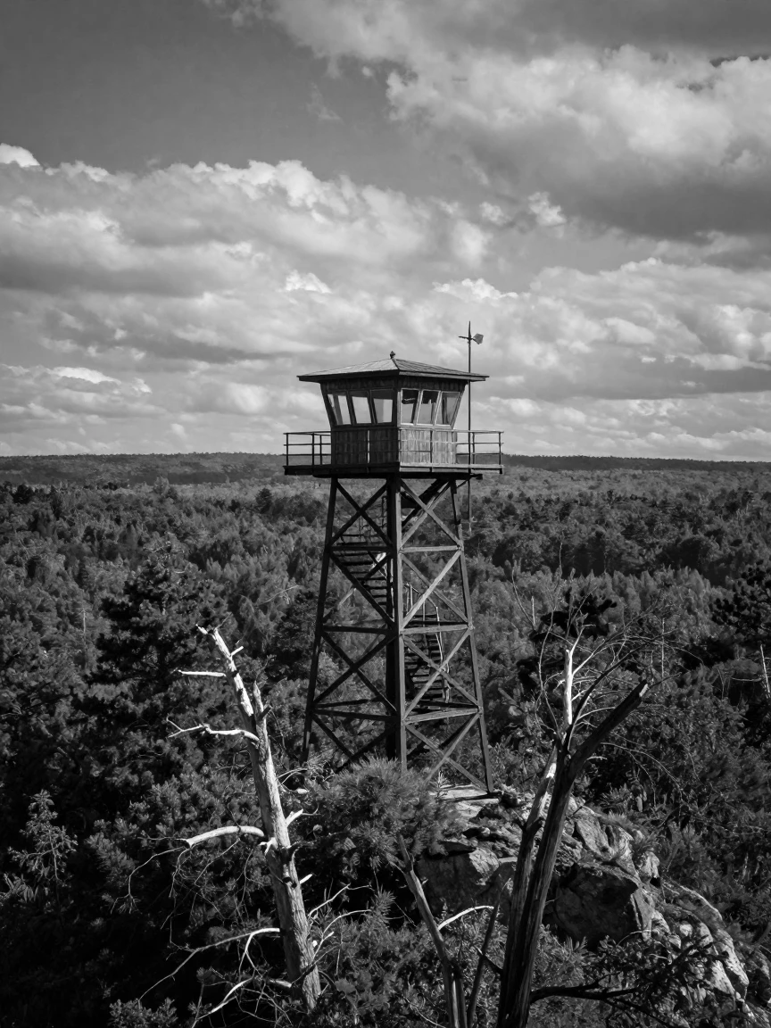 A wildfire lookout tower stands watch over endless forest atop a remote ridge.