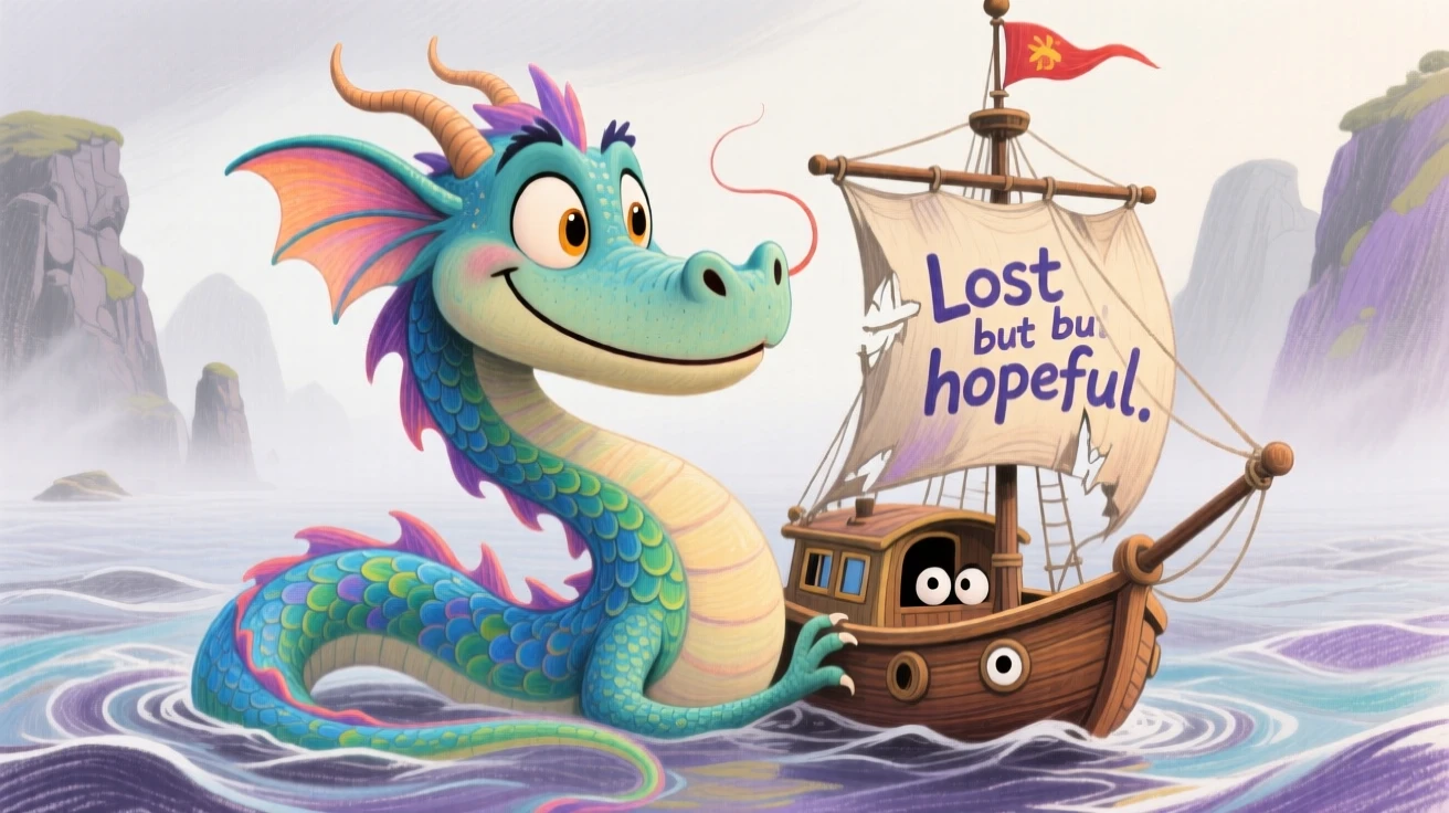A gentle sea dragon guiding a lost ship safely through a foggy strait.