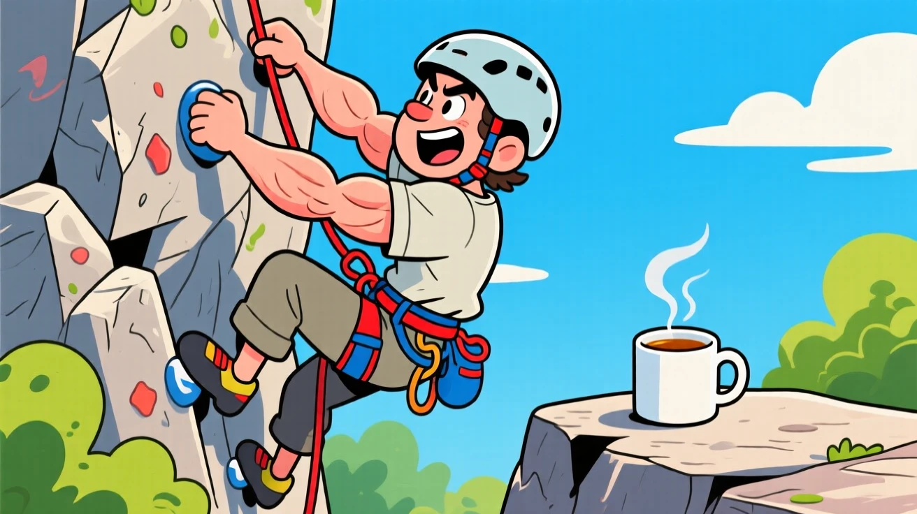 An everyday-life snapshot of a weekend rock climber, completely absorbed in the middle of their favorite hobby, with a cup of tea cooling nearby.