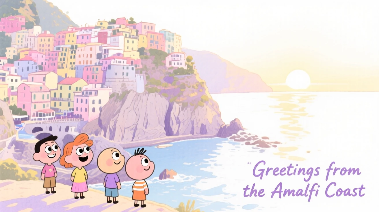 A dreamy travel postcard scene of the Amalfi Coast with pastel cliffside villages bathed in warm morning light
