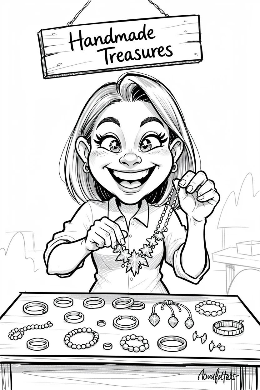 [Trending & Universal Topics] Modern lifestyle scene of a craft fair vendor proudly displaying handmade jewelry, capturing everyday joy