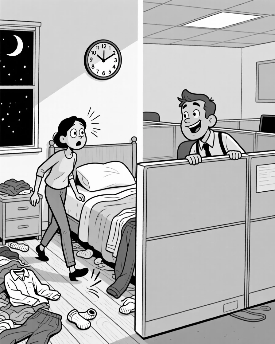 A person tiptoeing past a squeaky floorboard at midnight, checking the clock with wide, panicked eyes, set in a bedroom cluttered with clothes. A coworker peeks over a cubicle wall, smirking. The scene captures the comedy hidden in ordinary days.