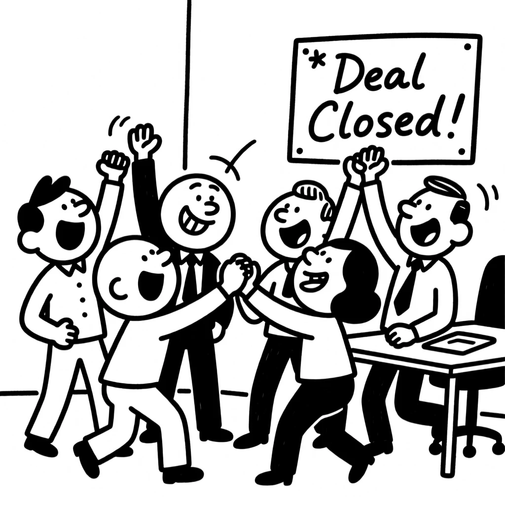 A team celebrating in an office after closing a big deal, high-fives all around.