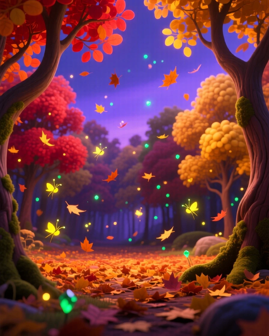 A autumn forest ablaze with color glows as fireflies begin to flicker in the twilight, with fallen leaves drifting slowly on the breeze. A deep sense of peace and quiet awe fills the scene.