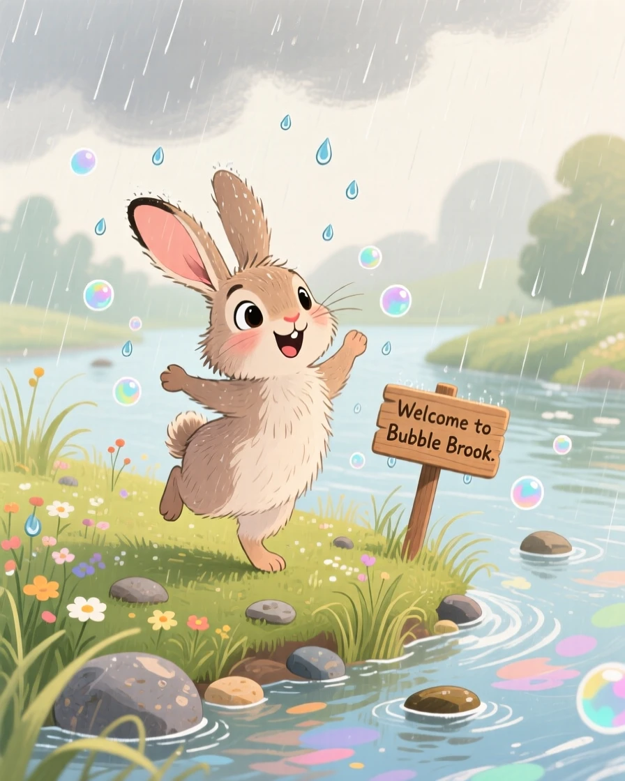 In a babbling riverbank, a floppy-eared rabbit spends the afternoon dancing in the rain, as tiny bubbles float upward.