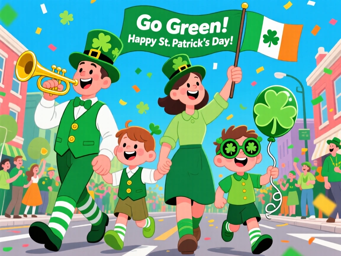 A family wearing green and marching in a St. Patrick's Day parade.