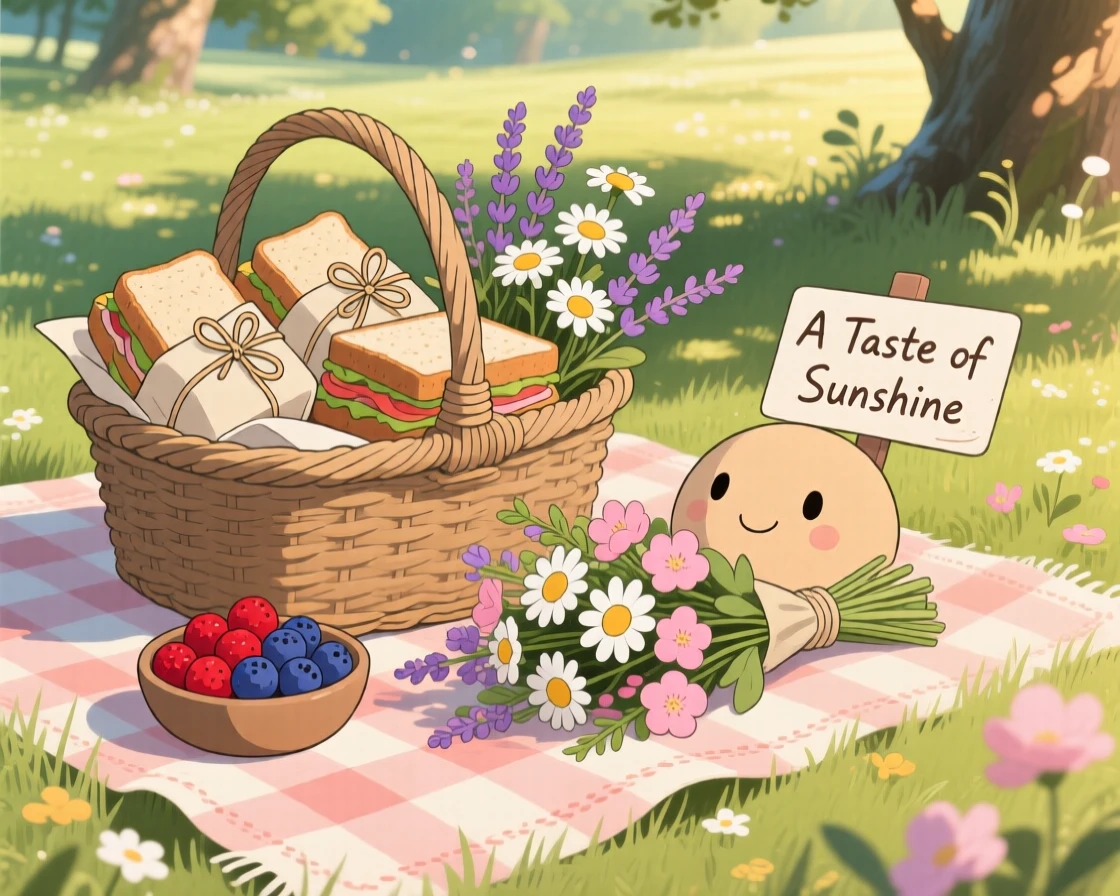 A warm, inviting scene of a picnic basket packed with sandwiches and fresh berries, with fresh flowers arranged nearby.