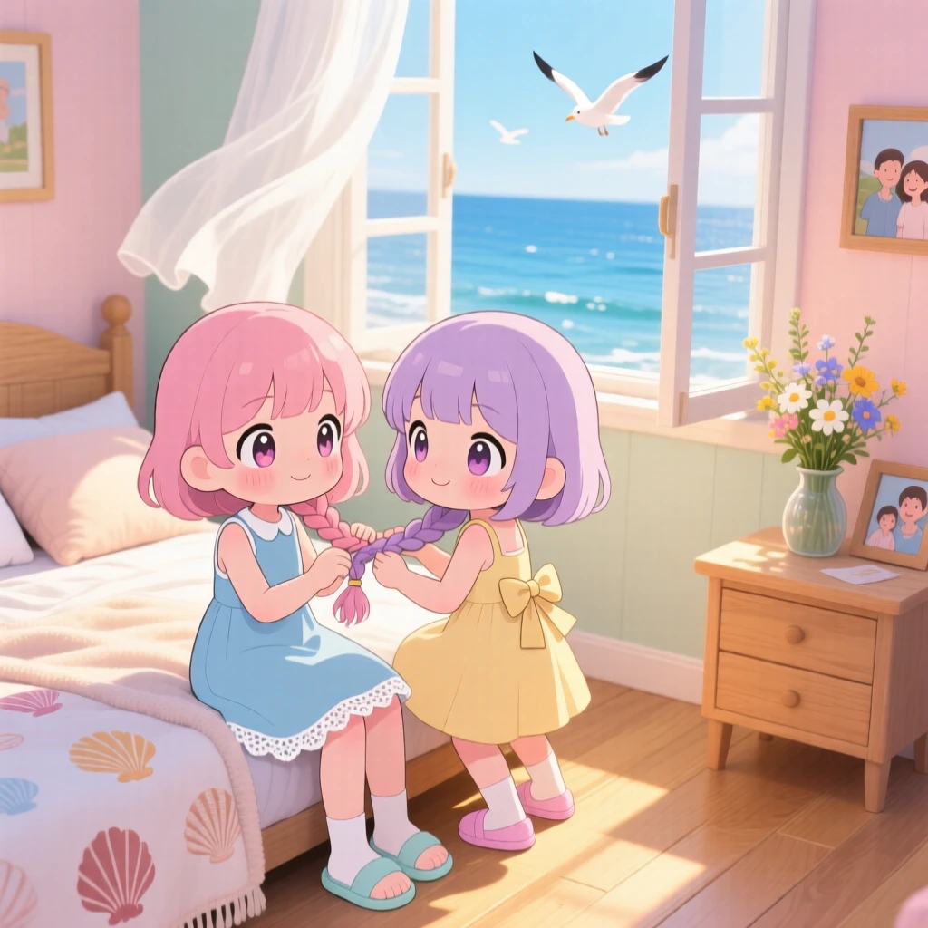 Twin sisters braiding each other's hair in a sunny bedroom on a breezy coastal afternoon; soft golden-hour sunlight washes over the scene as quiet contentment fills the moment. Three-quarter view.