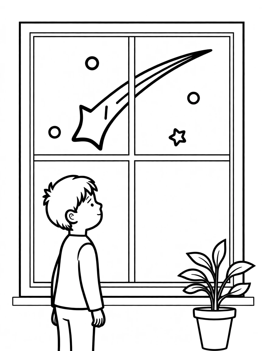 A shooting star wished upon by a child looking through a window